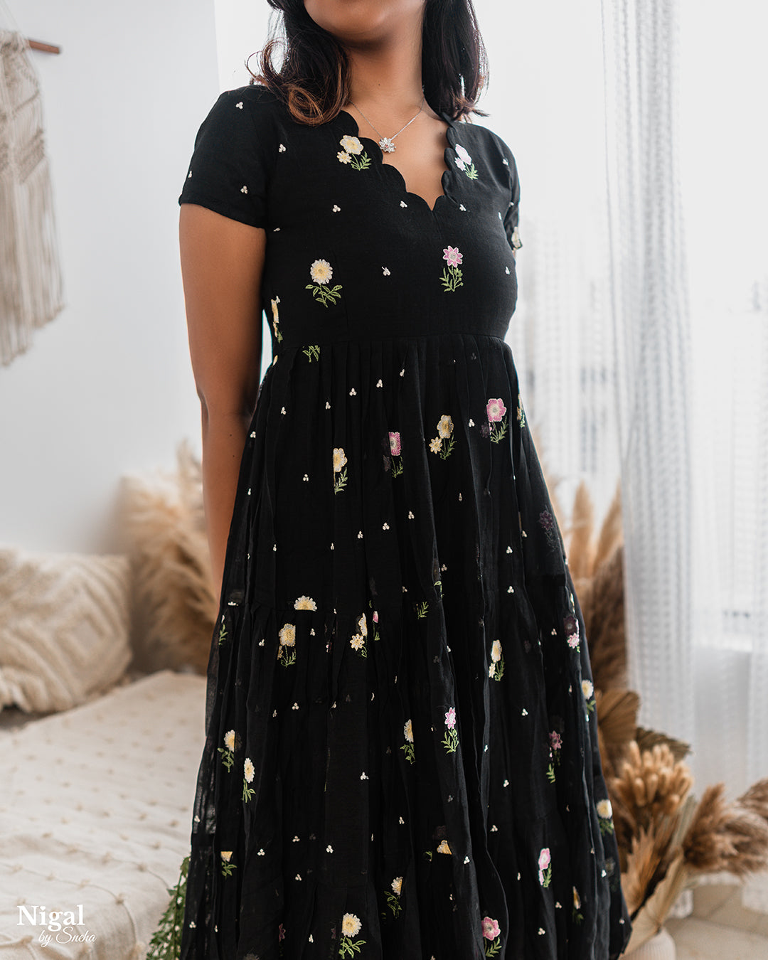 Black Blossom Tiered  Embroidered Maxi